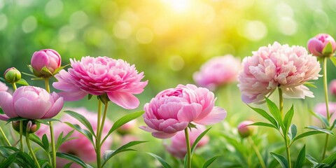 Obraz premium Delicate pink peonies blooming in a lush green meadow with a subtle texture background , botanical, floral seamless background