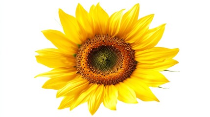 Fototapeta premium A detailed shot of a blooming yellow sunflower, isolated white background, minimalistic art style
