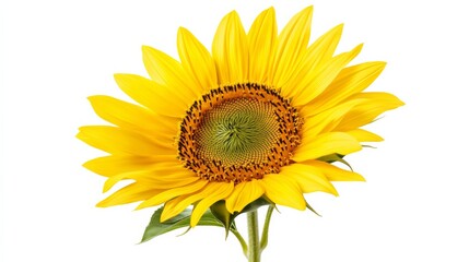 Fototapeta premium A detailed shot of a blooming yellow sunflower, isolated white background, minimalistic art style