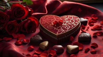 Sweet Romance: Heart-Shaped Chocolate Box on Red Velvet with Scattered Rose Petals