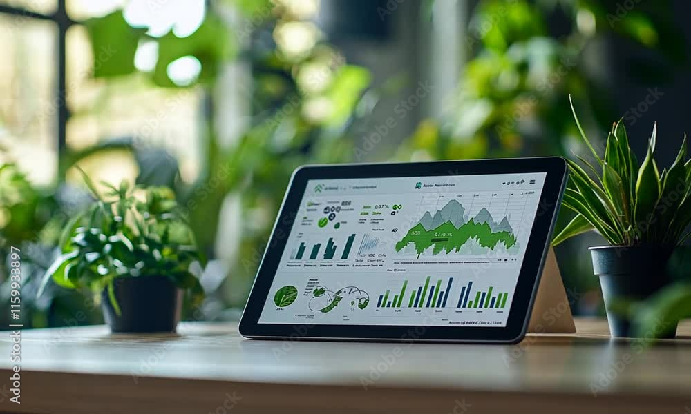 Poster a tablet displaying data analytics amidst greenery, highlighting environmental trends.