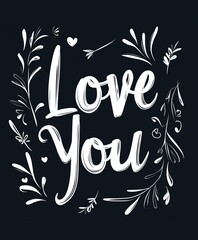 Handwritten 'Love You' message with floral and heart elements in black and white