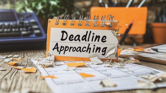 Deadline approaching limited time to complete tasks office workspace visual reminder busy environment top-down view