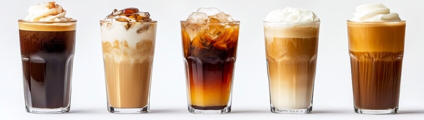 Five iced coffee drinks in glasses with various toppings.