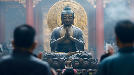 Majestic Buddha Statue in Temple with Incense Smoke Creating Mystical Atmosphere : Generative AI