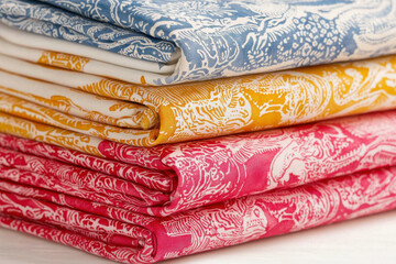 Colorful fabric with intricate animal patterns stacked neatly