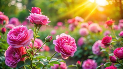Vibrant pink roses blooming in a lush garden, with sunlight filtering through the petals, flowers, botanical,  flowers