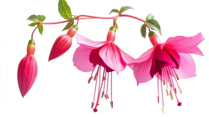 A detailed shot of a bright pink fuchsia with its hanging, tubular blooms and vivid color, isolated white background