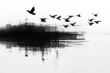 Birds flying over abstract black ink.
