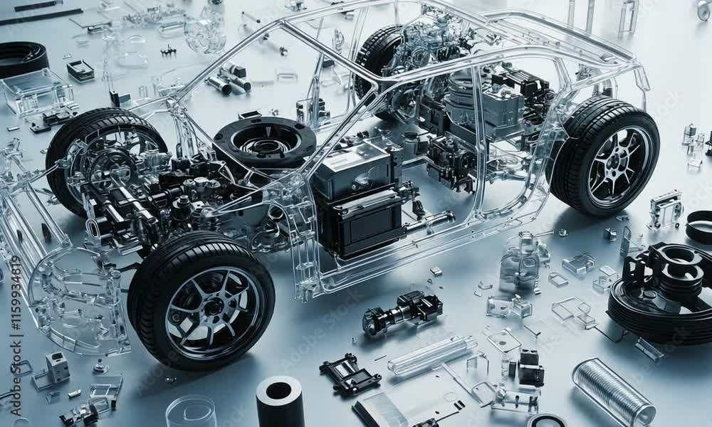 Poster a transparent car model surrounded by various mechanical components.