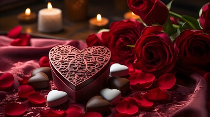 Sweet Romance: Heart-Shaped Chocolate Box on Red Velvet with Scattered Rose Petals