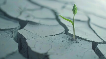 A single green sprout growing from cracked dry earth, representing resilience, new life, and hope in challenging conditions. Symbol of growth and renewal in nature.	