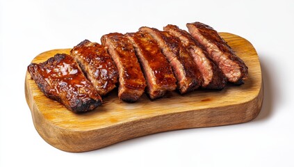 Sliced BBQ ribs on a wooden board.