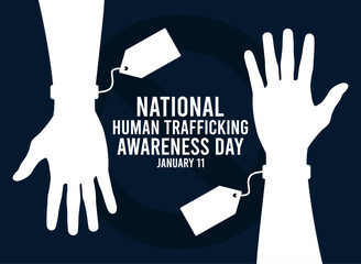 National human trafficking awareness day. January 11. Silhouette of a hand with a price tag. Ban sign. Poster, banner, card, background.