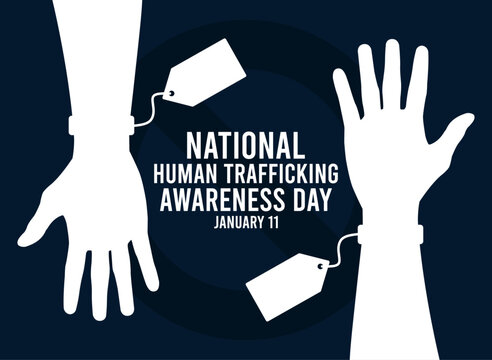 National human trafficking awareness day. January 11. Silhouette of a hand with a price tag. Ban sign. Poster, banner, card, background.