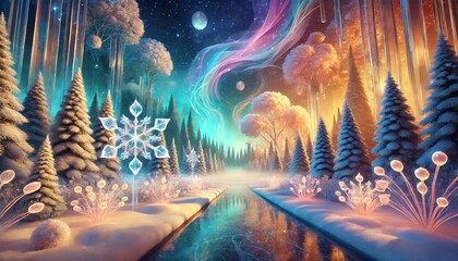 Obraz premium A mesmerizing fantasy landscape depicting a serene snow-covered forest and a crystalline ice bridge leading into a magical, vibrant otherworld under a starry night