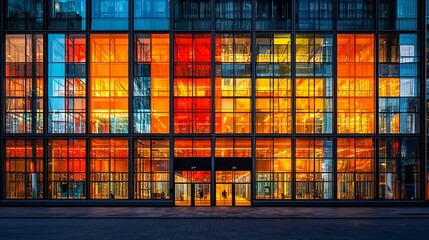 Illuminated modern building facade at night.