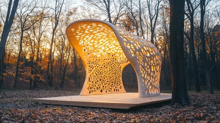 Illuminated organic 3D-printed pavilion in autumn forest at sunset.