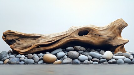 Weathered Driftwood Sculpture Surrounded by Smooth Pebbles on Beach