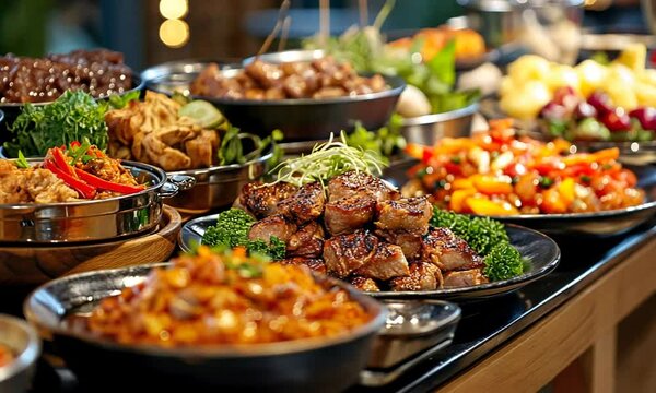 A vibrant display of various dishes on a buffet table.