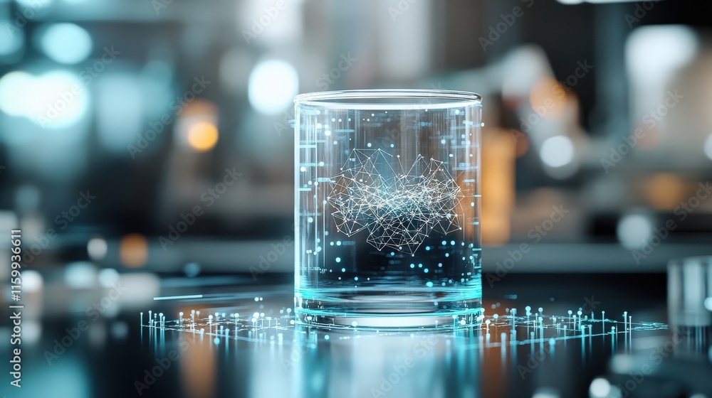 Aufkleber Glass container filled with luminous data points and abstract connections, illustrating technology and innovation in a futuristic laboratory environment