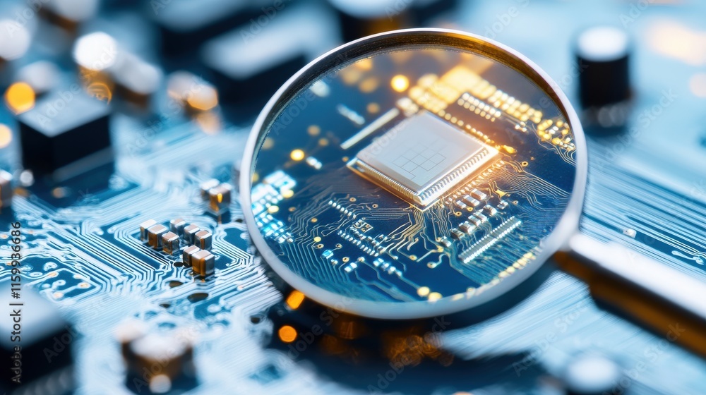 Poster Close-Up View of a Circuit Board with a Magnifying Glass Highlighting a Microchip and Glowing Connections, Perfect for Technology and Innovation Themes