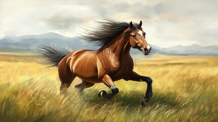 Fototapeta premium A majestic horse galloping through a lush, grassy landscape under a cloudy sky.