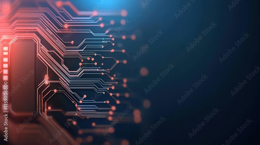 Aufkleber Abstract close-up of circuit board connections with glowing nodes and intricate paths on a dark blue background, representing technology and innovation in digital systems