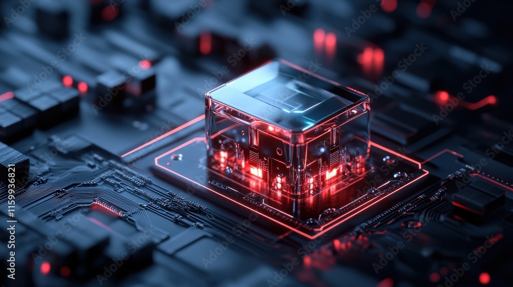 Poster Futuristic Computer Chip Surrounded by High-Tech Circuit Board Design with Glowing LED Lights, Representing Advanced Technology and Innovation in Electronics