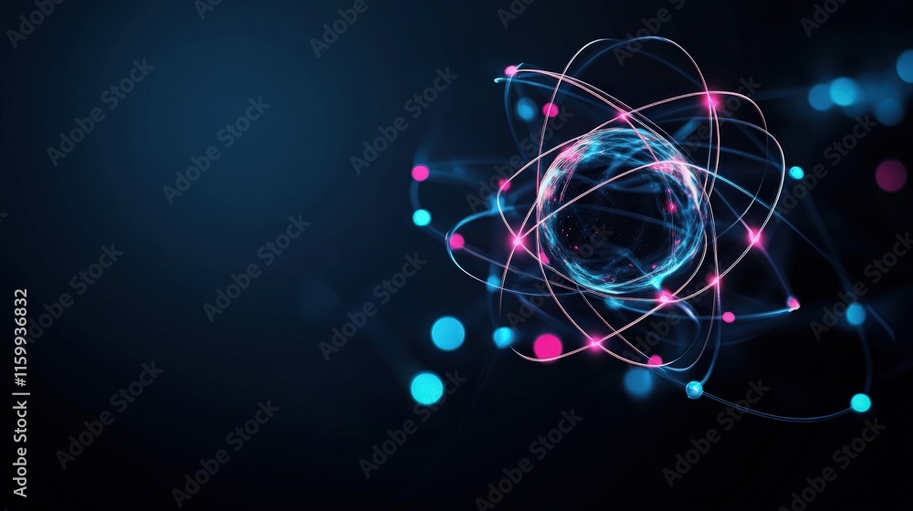 Poster Abstract illustration of a glowing atom structure with vibrant particles on a dark background, symbolizing scientific innovation and technological advancement in physics