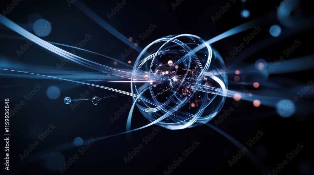 Aufkleber Abstract Representation of Quantum Physics Concept with Glowing Energy Lines and Shimmering Particles on a Dark Background