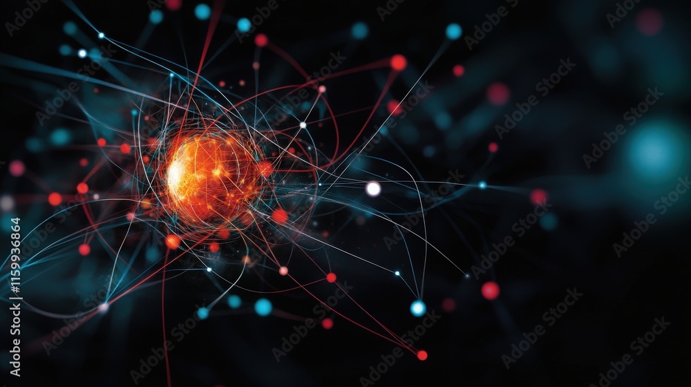 Aufkleber Abstract Illustration of a Central Energy Source with Dynamic Lines and Dots on a Dark Background, Representing Energy Flow and Scientific Concepts in Modern Science