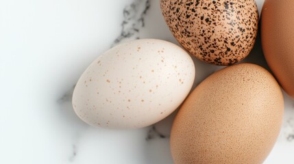 Assorted Easter eggs arranged on marble surface, featuring diverse natural patterns and colors, celebrating springtime traditions, perfect for seasonal decoration and festive decor.