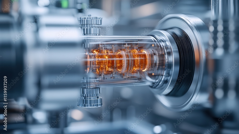 Poster futuristic industrial mechanism with transparent cylinder and bright components highlighting innovat