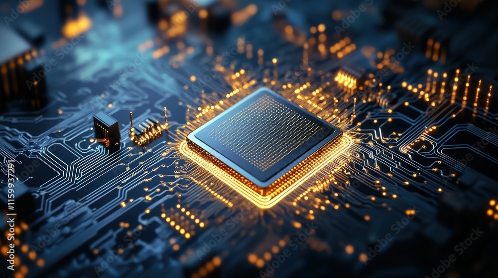 Poster Close-Up View of a Modern Microprocessor on a Circuit Board with Illuminated Connections and Digital Elements, Representing Technology and Innovation in Electronics