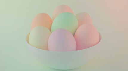 Colorful pastel Easter eggs arranged neatly in white ceramic bowl, decorative springtime symbol, perfect for holiday celebration and festive decoration, copy space.