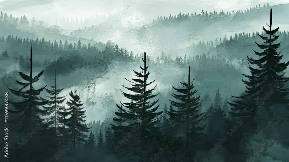 Poster misty forest landscape at dawn with towering pine trees and soft hills in the background