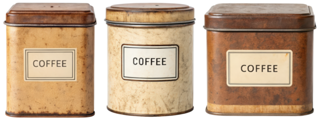 Three vintage coffee tins isolated with transparent background