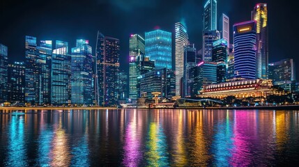 Vibrant cityscape at night, reflected in water.