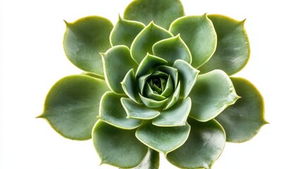 Fototapeta premium A detailed shot of a green succulent plant with its symmetrical rosette formation, isolated white background, minimalistic art style