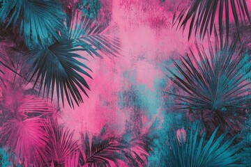 Teal and pink tropical palm leaves on textured background.