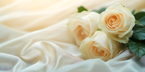Obraz premium Delicate Cream Roses on Smooth Fabric Creating a Serene Romantic Scene : Generative AI