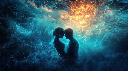 Fototapeta premium Underwater couple embracing, romantic silhouette.