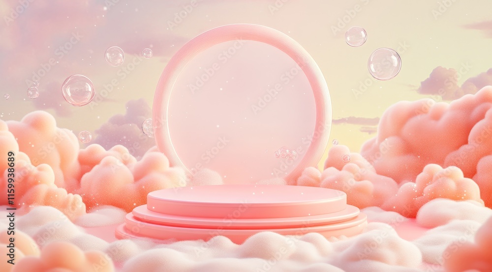 Poster pastel pink cloudscape with circular podium and floating bubbles; ideal for product display.