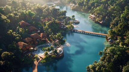 Fototapeta premium Aerial view of a luxury resort nestled in a lush tropical jungle with a river.