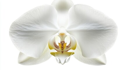 A detailed shot of a pristine white orchid with delicate petals and a golden-yellow center, isolated white background, minimalistic art style