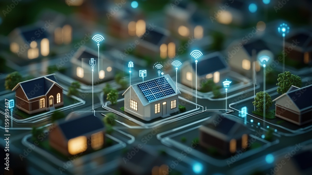 Aufkleber innovative smart home technology concept with solar panels surrounded by network connections in a li