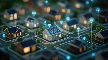 Innovative Smart Home Technology Concept with Solar Panels Surrounded by Network Connections in a Lively Neighborhood Landscape at Night