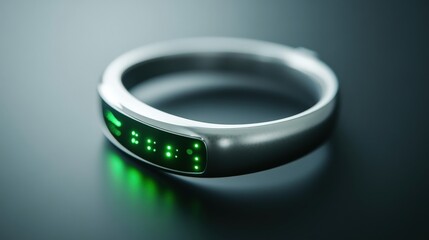 Futuristic Health Monitoring Bracelet with LED Display on Dark Surface, Emphasizing Technology and Wearable Devices for Personal Wellness and Fitness Tracking