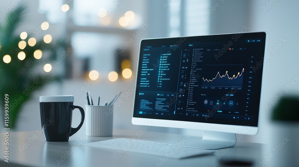 Poster Modern Desk Setup Featuring Computer Screen with Data Analytics Display, Coffee Mug, and Organized Workspace with Blurred Background Bokeh Lights